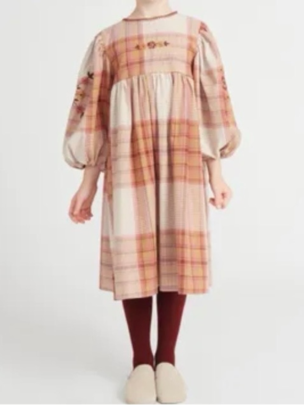 Bebe Organic Dress Girls Sz 10 Pink Cotton Plaid Cottagecore Peasant Embroidered